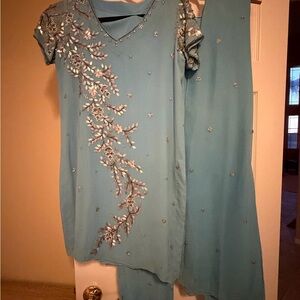 Elegant Blue Embellished Dress with Shawl